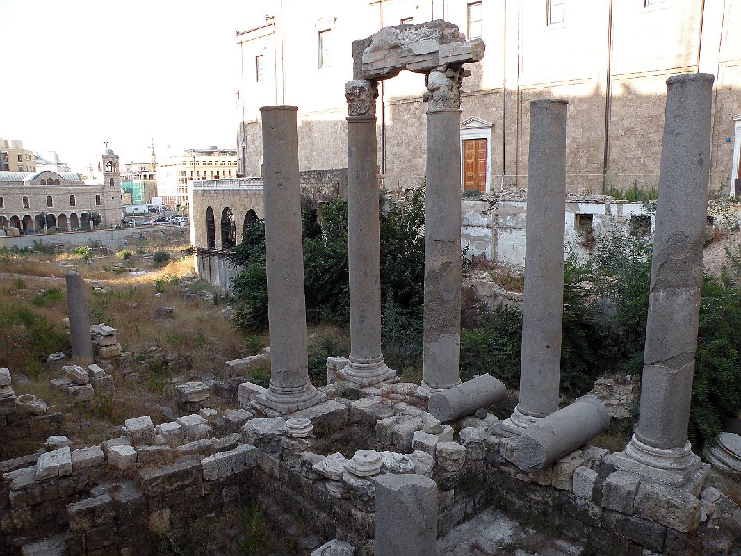 Beirut 22 Roman Ruin Columns In Garden Of Forgiveness With St Georges Greek Orthodox Cathedral 